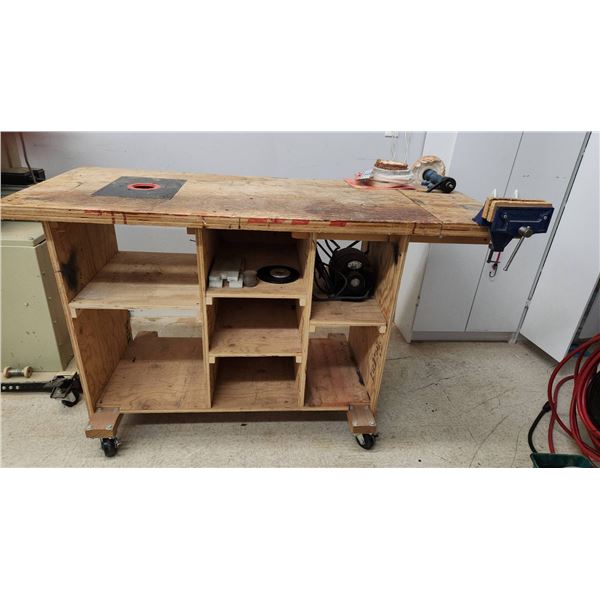 Rolling Wood Workbench with 58" x 24" Top, Built-In Vise, Router Table and Accessories