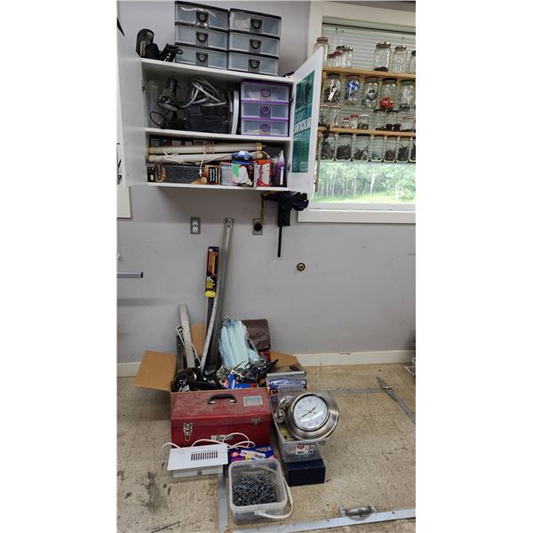 Contents of cupboard: Workshop Tools, Storage Drawers, and more