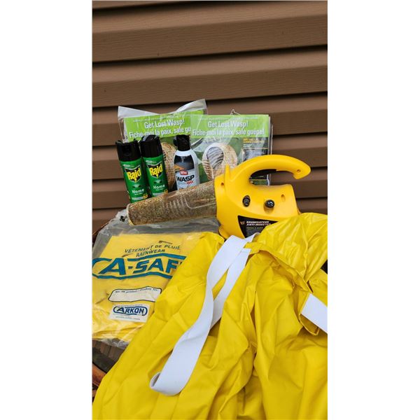 Black Flag Bug Fogger, Rainwear Set, and Wasp Deterrent Lot