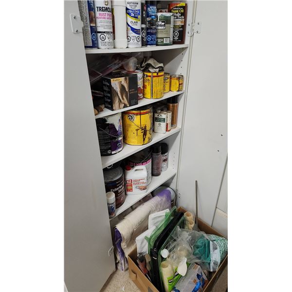 Contents of Cupboard: Paint Cans, Stains, Primers, and Painting Supplies