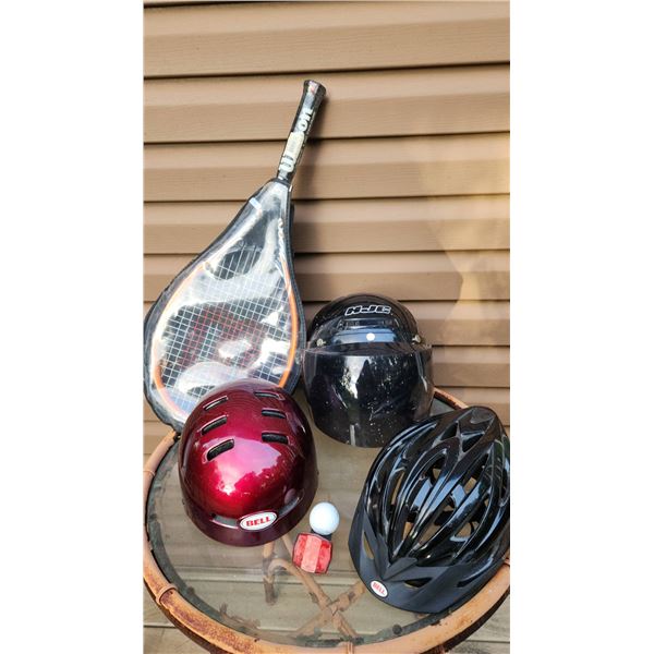 Sports Equipment Lot with Wilson Court Zone Racket, HJC Helmet, and Bell Helmets