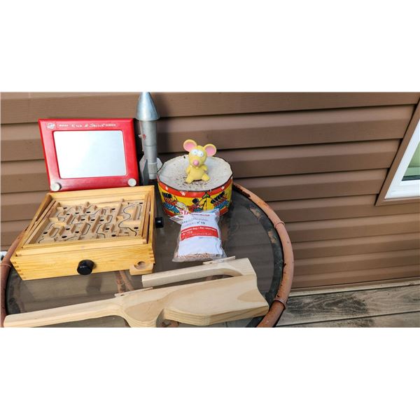 Vintage Toys Including Etch A Sketch, Metal Rocket, Labyrinth Game, Drum