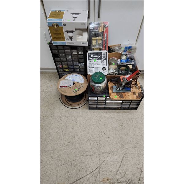 Hardware and Garage Items Including Solar Light, Cable Spool, Storage Drawers