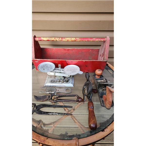 Vintage Hand Tools with Red Wooden Tool Caddy