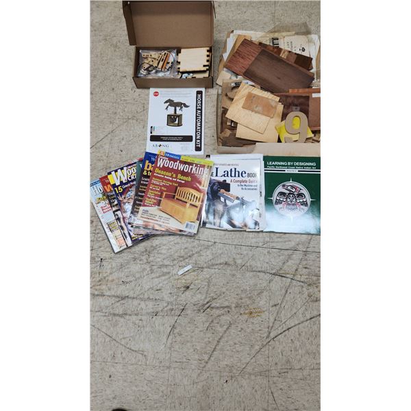 Woodworking Magazines and Books, Horse Automaton Kit, and Veneer Sheets Assortment