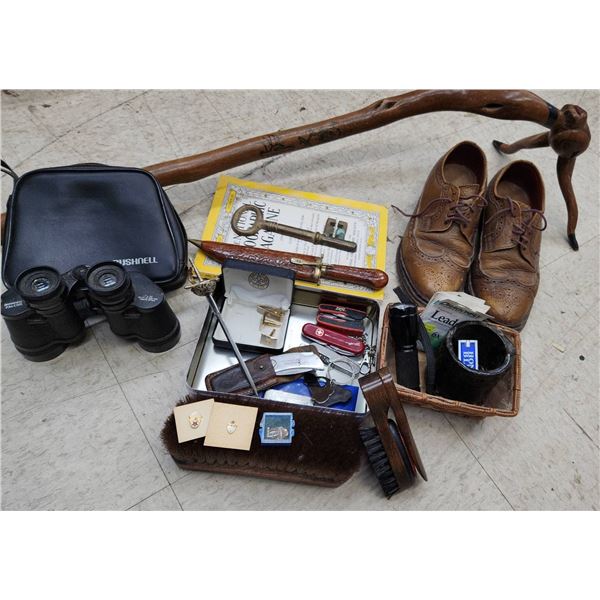 Bushnell 7x35 Binoculars, Carved Walking Stick, Shoes, Pocket Knives and More!