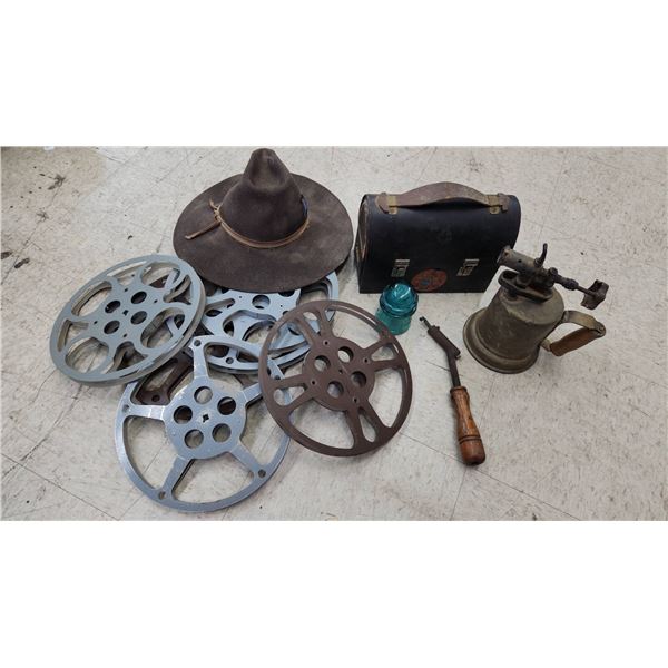Vintage Metal Film Reels, Felt Hat, Lunchbox, Tools and Insulator