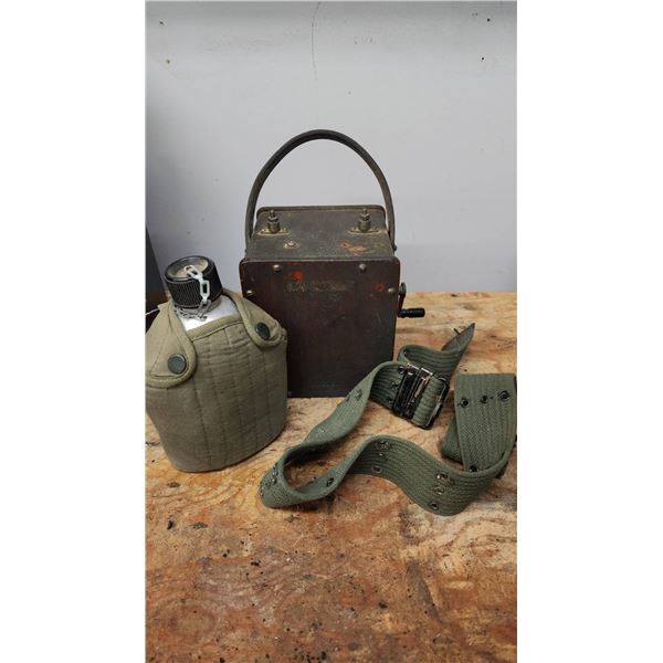 Military Hand Crank Field Telephone, Canteen, and Web Belt