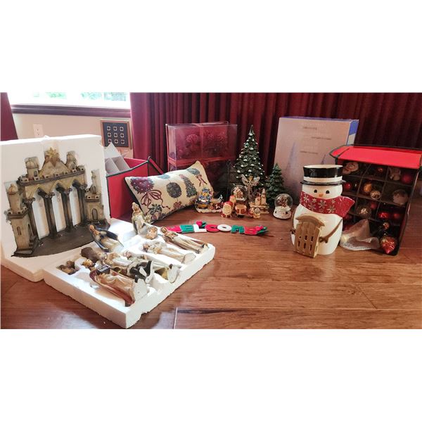 Christmas Decorations Including Nativity Set, Ornaments, and Ceramic Trees