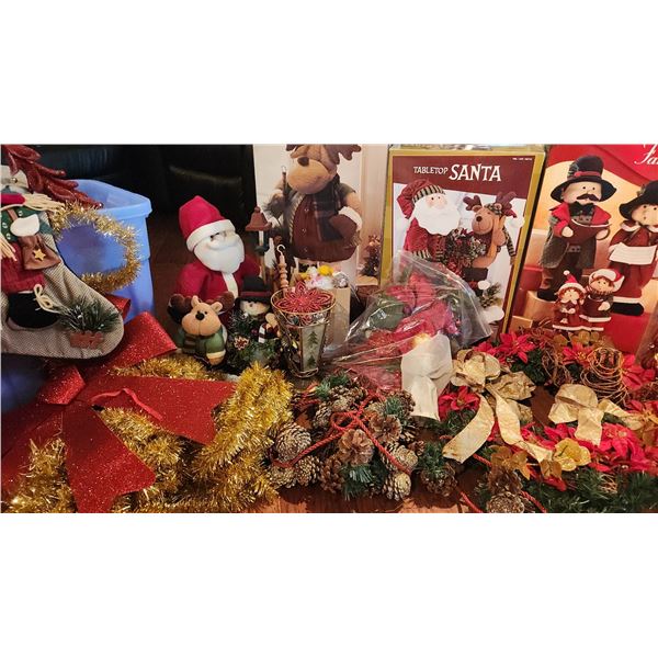 Christmas Decorations Including Plush Figures, Wreath, Garlands, Lights, Stockings