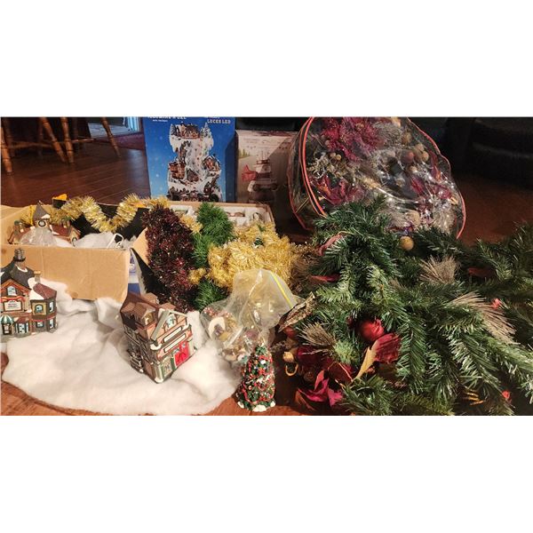 Christmas Holiday Village, LED Decor, Wreath, Garlands, and Figurines Lot
