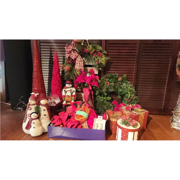 Christmas Holiday Decorations Including Wreath, Snowmen, and Ornaments