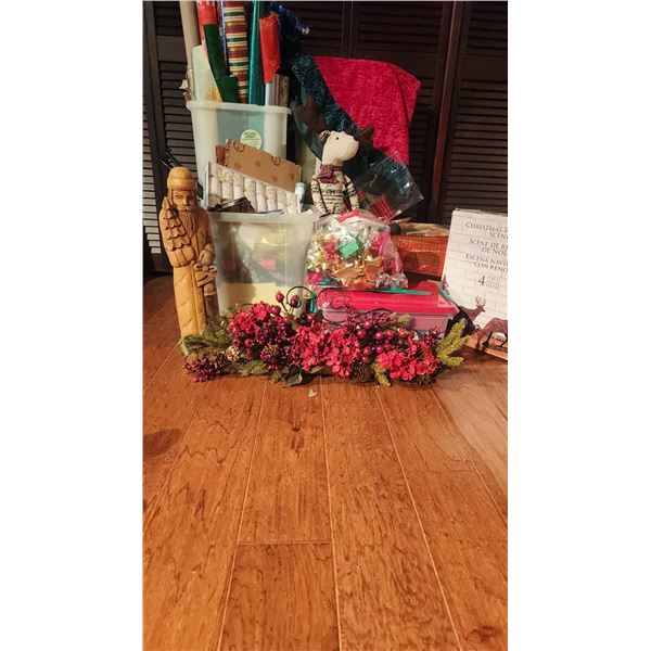 Christmas Wrapping Supplies and Décor Lot with Figurine and Reindeer Scene