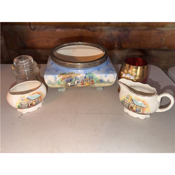 Sandland Ware Creamer and Sugar, Royal Winton Bowl, Glass Insulator, and Decorated Goblet