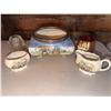 Image 1 : Sandland Ware Creamer and Sugar, Royal Winton Bowl, Glass Insulator, and Decorated Goblet