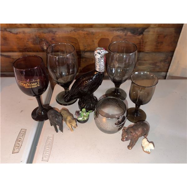 Glassware with Animal Figurines and Watkins Goblet