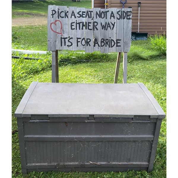 Outdoor Storage Chest With Rustic Wooden Wedding Sign