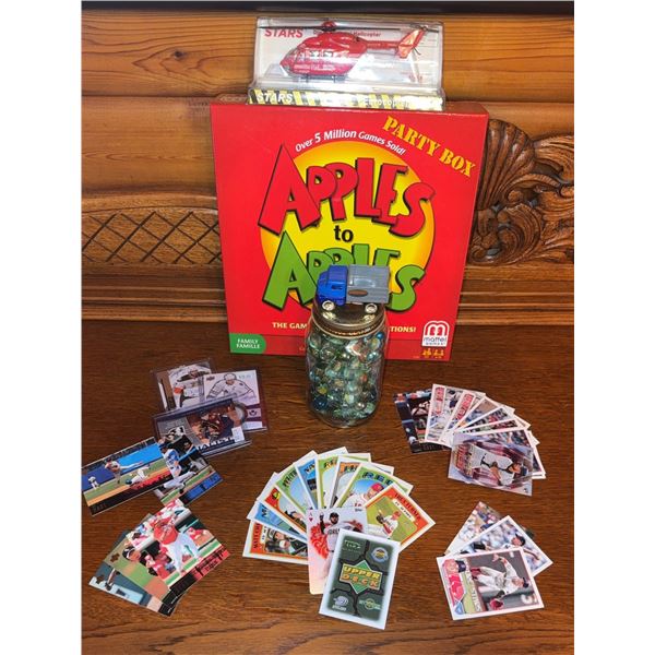 Apples to Apples Party Box, Sports Trading Cards, Jar of Marbles, Toy Vehicles