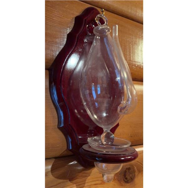 Glass Wall-Mounted Oil Lamp with Wooden Backplate used for Telling Temperature