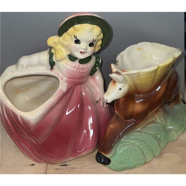Ceramic Planter Figures Pair: Girl in Pink Dress and Deer