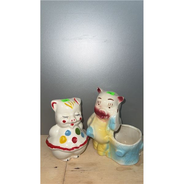 Ceramic Pig Figurines Including Toothpick Holder and Polka Dot Dress