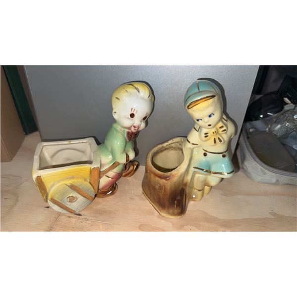 Ceramic Children Planters with Cart and Tree Stump Motifs