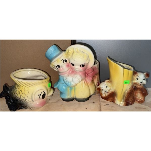 Three Ceramic Figural Planters Including Fish, Bears, and Children