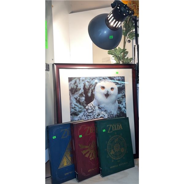 Framed Snowy Owl Print with Three The Legend of Zelda Hardcover Books