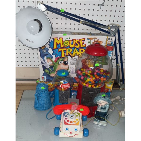 Lot: Desk Lamp, Gumball Machines, Mouse Trap Board Game, and more