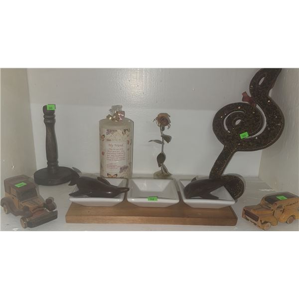 Decorative Lot: Wood Toy Cars, Dolphin Figurines, Candle, Treble Clef, and Beaded Accessories