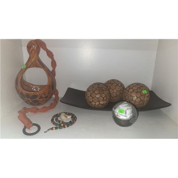 Decorative Wood Carved Vase, Beaded Necklaces, and Bowl With Spheres Assortment