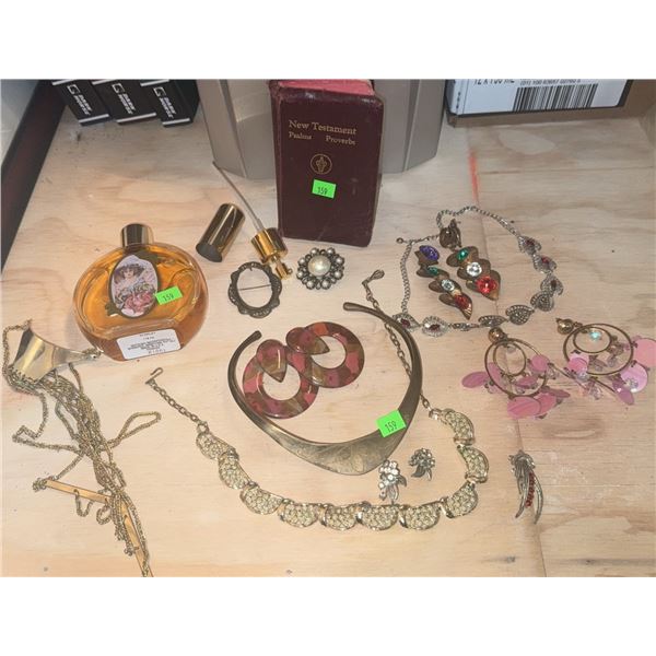 Costume Jewelry, Perfume Bottle, and New Testament Book Group