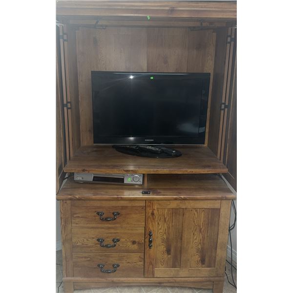 Samsung Television, Sony VHS Player, Wood Entertainment Unit, and G. Wilkinson Floral Oil Painting