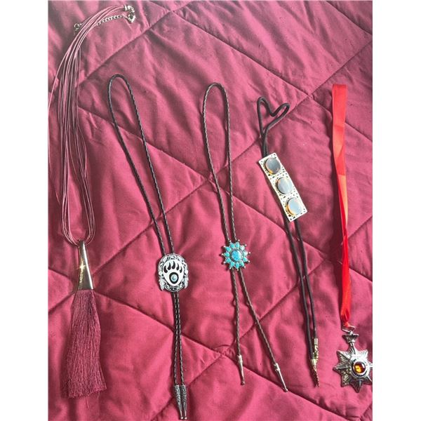 Five Western Bolo Ties with Decorative Slides and Tassel