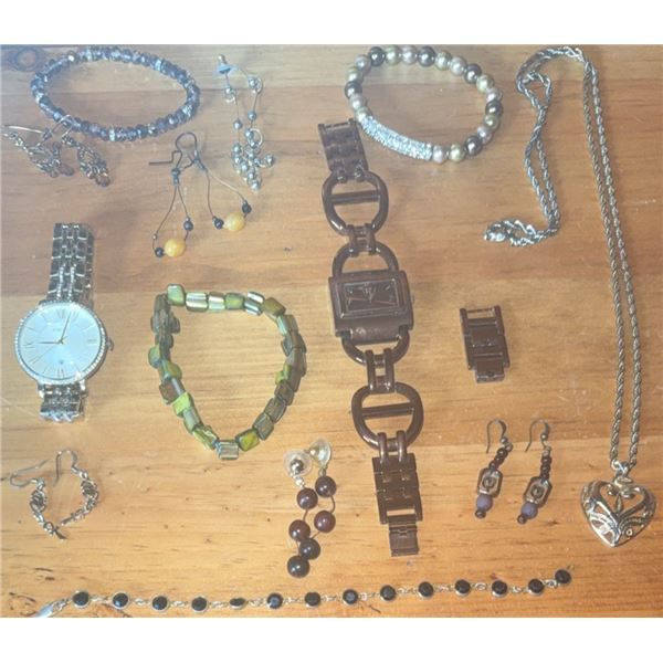 Costume Jewellery Collection with Wristwatches, Necklaces, Bracelets, and Earrings