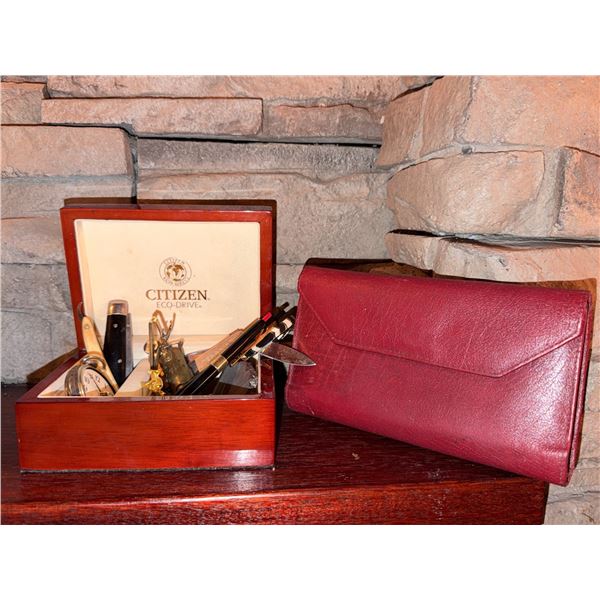 Lot: Assorted Pocket Knives, Watches, Cufflinks, Pens, and Buxton Leather Wallet