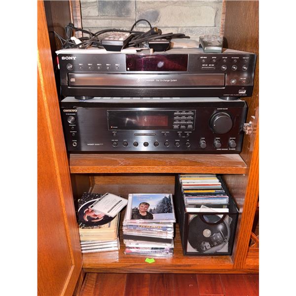 Sony 5 CD Changer with Remote Controls, Onkyo Receiver, and CD Collection