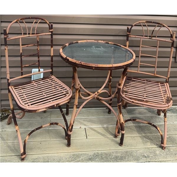 Three-Piece Bamboo like Bistro Set with Glass-Top Table (it’s actually metal)