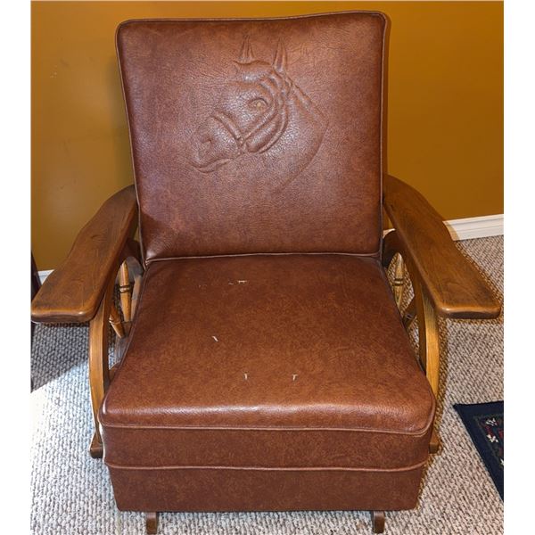 Western-Themed Upholstered Rocking Chair with Wagon Wheel Arms