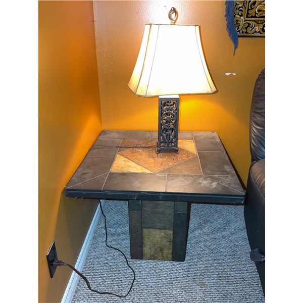 Square Tile Top Side Table and Ornate Metal Table Lamp Set