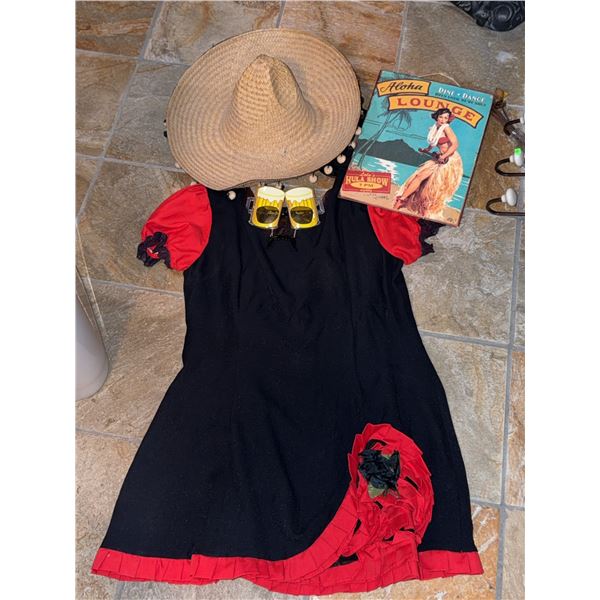 Costume Set with Red and Black Dress, Straw Hat, Novelty Sunglasses, and Aloha Lounge Sign