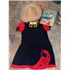 Image 1 : Costume Set with Red and Black Dress, Straw Hat, Novelty Sunglasses, and Aloha Lounge Sign