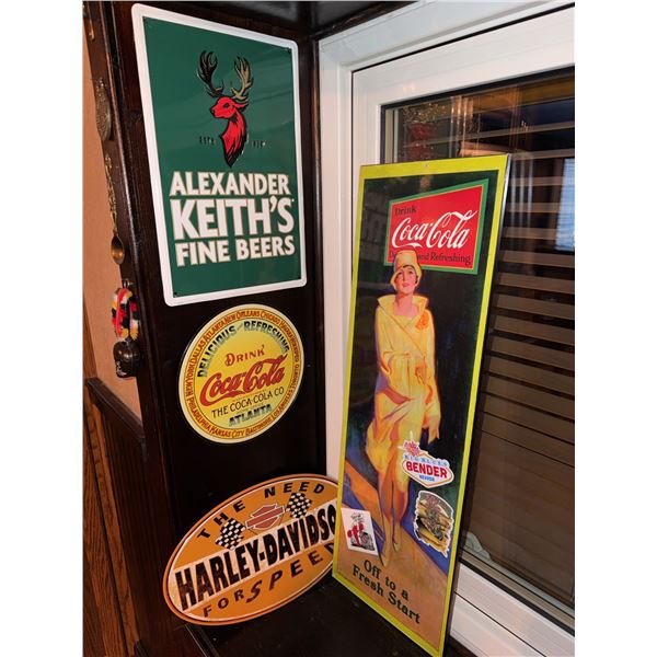 Tin and Wood Advertising Signs Including Coca-Cola, Alexander Keith’s, and Harley-Davidson