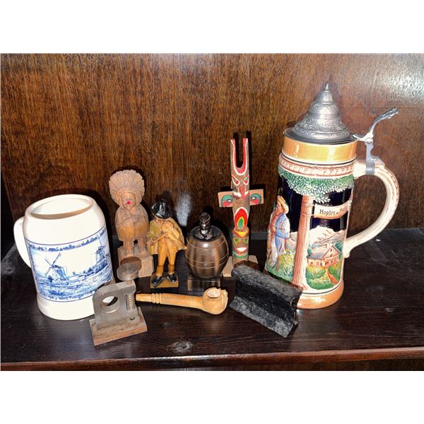 Beer Steins, Carved Wood Figures, Miniature Railway Rail and Miscellaneous Collectibles