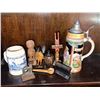 Image 1 : Beer Steins, Carved Wood Figures, Miniature Railway Rail and Miscellaneous Collectibles