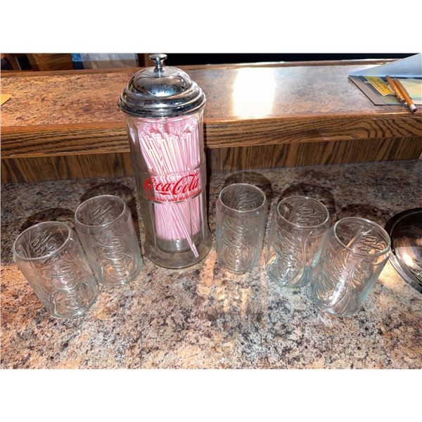 Coca-Cola Glass Tumbler Set and Glass Straw Dispenser with Lid