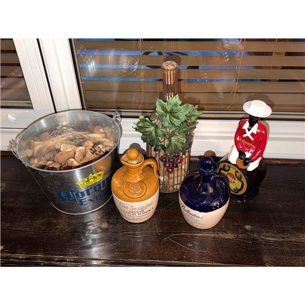 Two Ceramic Scotch Whisky Decanters, Barbados Gold Rum Bottle, and more