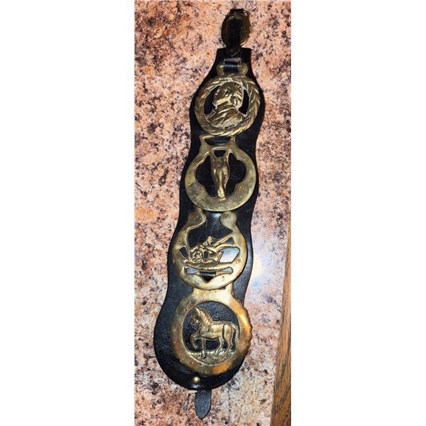 Leather Strap with Four Brass Horse Brasses and Buckle