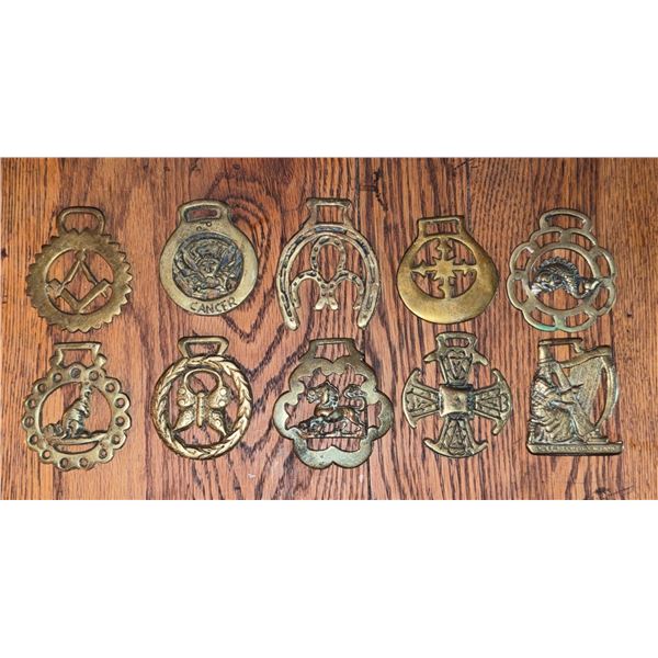 10 Brass Horse Brasses Featuring Various Motifs