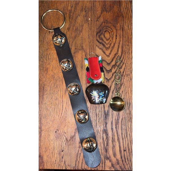Decorative German Cowbell, Brass Love Spoon, and Leather Strap with Bells